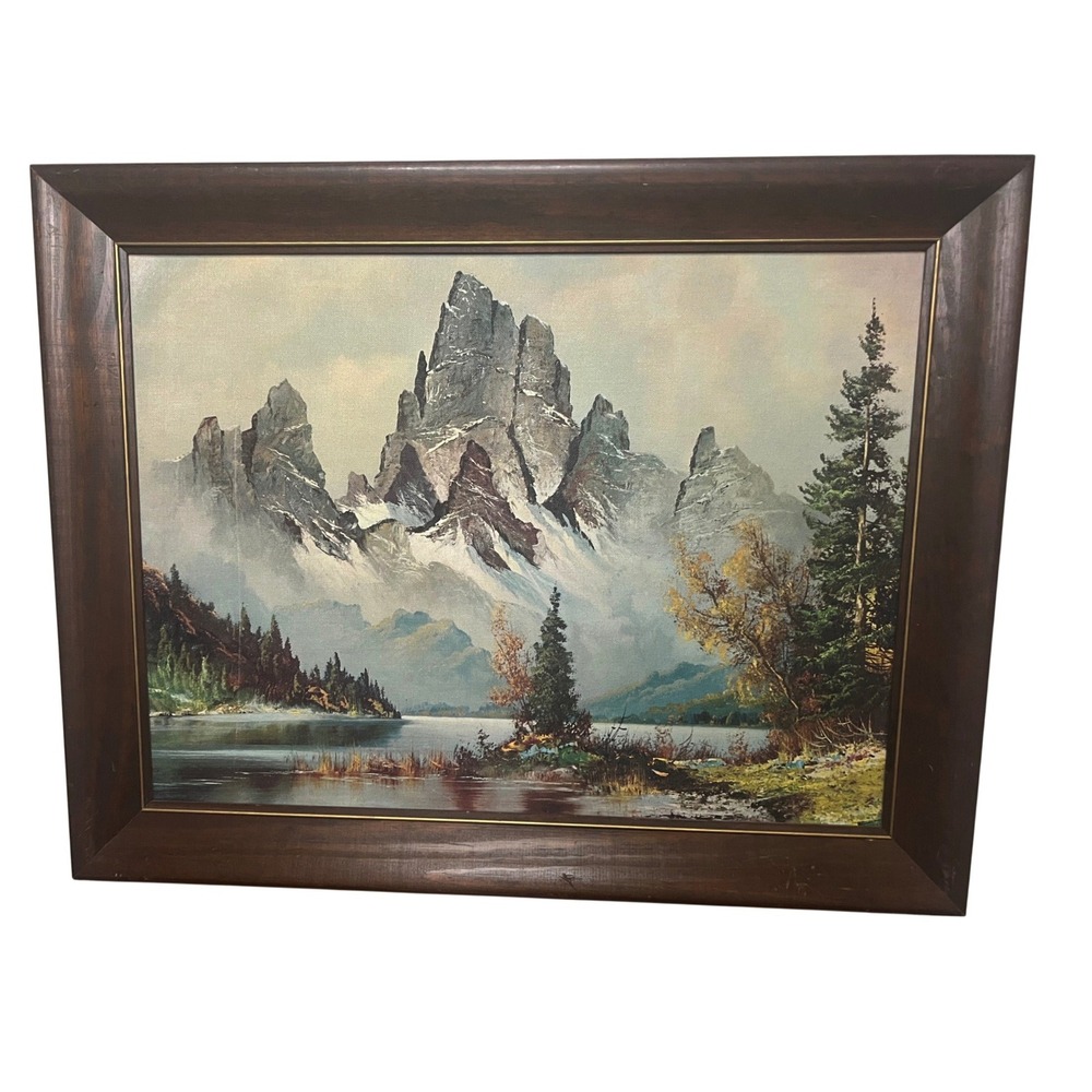 Timberline Lake Oil Painting Wood Framed Vintage 70s Mountain Landscape 28x22in